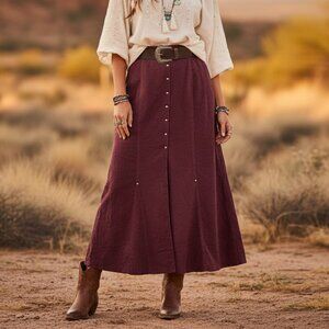 MARIE_CLAIRE Western A-line Buttoned Cottagecore Burgundy Flared Maxi Skirt‎ L